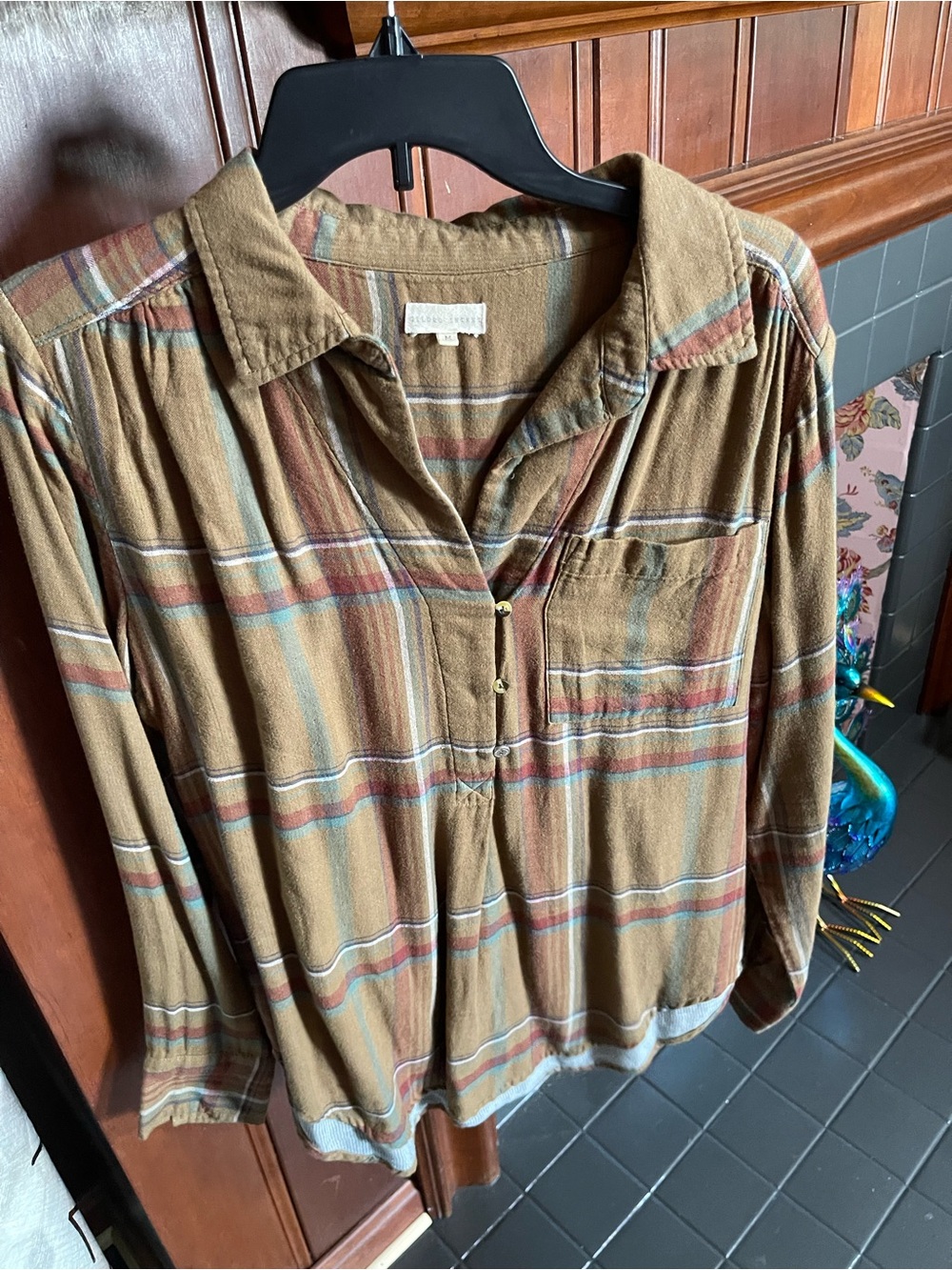 Gilded Intent Brown Plaid Button-Neck Shirt